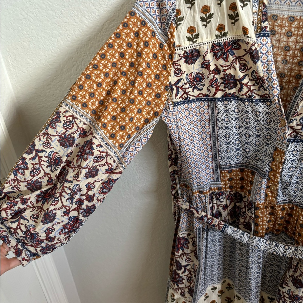 Zara Patchwork Mini Dress in Cream, Brown and Blue - Picture 4 of 5
